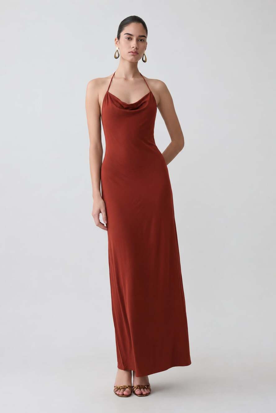 Meshki Size S Rust Cowl Neck Halter Maxi Dress